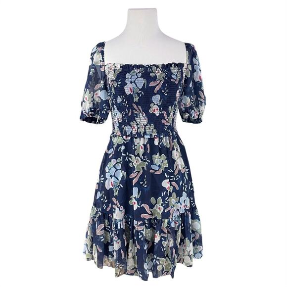 Aritzia Dresses & Skirts - WILFRED ARITZIA Laken Dress in Navy/Aura Blue Smocked Floral Chiffon Size XS